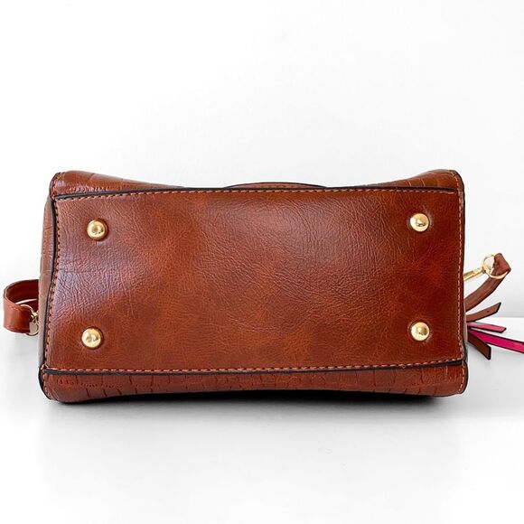 Vegan Brown Crocodile Leather Satchel Bag NWOT - Picture 5 of 6